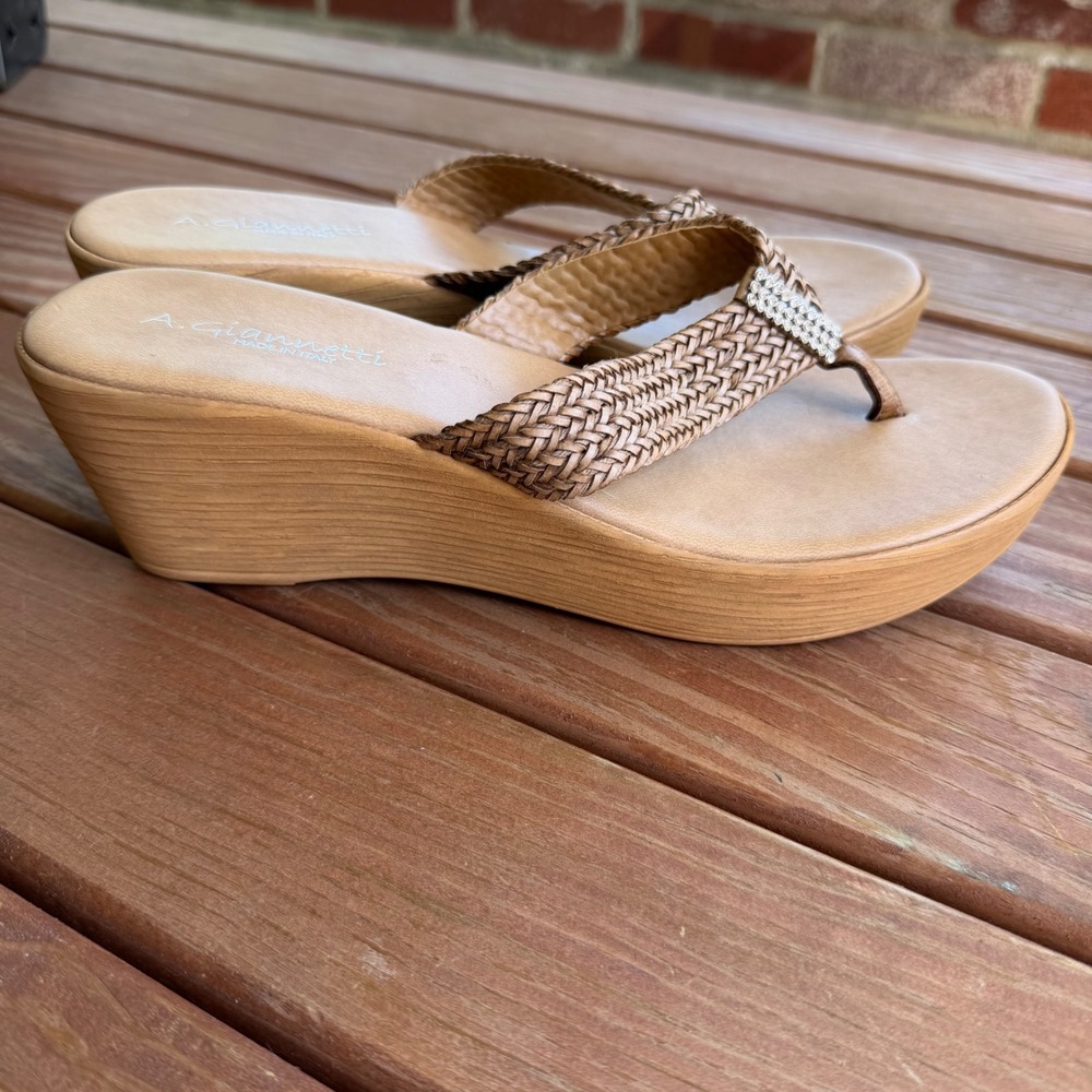 A Giannetti Tan Woven Rhinestone Wedge Sandals Made in Italy Womens Size 10 - Picture 7 of 9